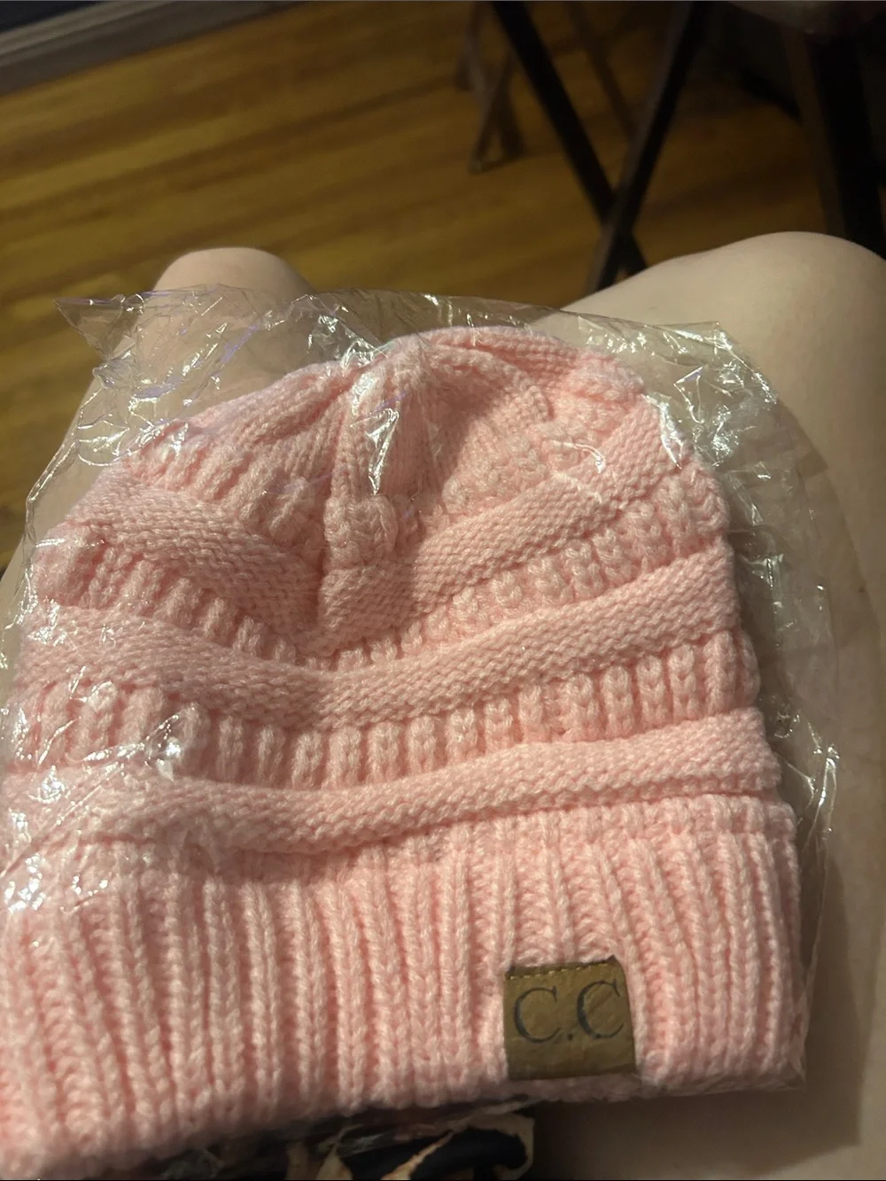 C.C Kids Light Pink Knit Beanie with Logo Patch